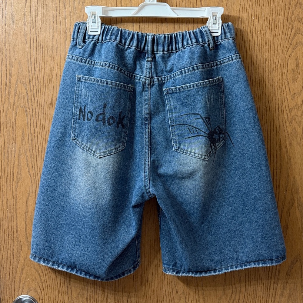 Y2K Unisex Spider Blue Denim Shorts - Picture 2 of 2